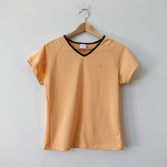 Peach Fuzz Sports Top Women Large V Neck‎ Stretch Activewear Tee USA SO SPORTY - Picture 1 of 11